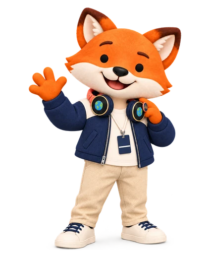 Riley, a fox with headphones, the leader of the World Pop Crew